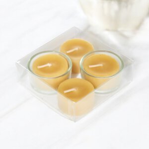 SALE 50% OFF. Set of Four 100% Beeswax Tea Lights with x2 Re-Usable Glass Tea Light Holders